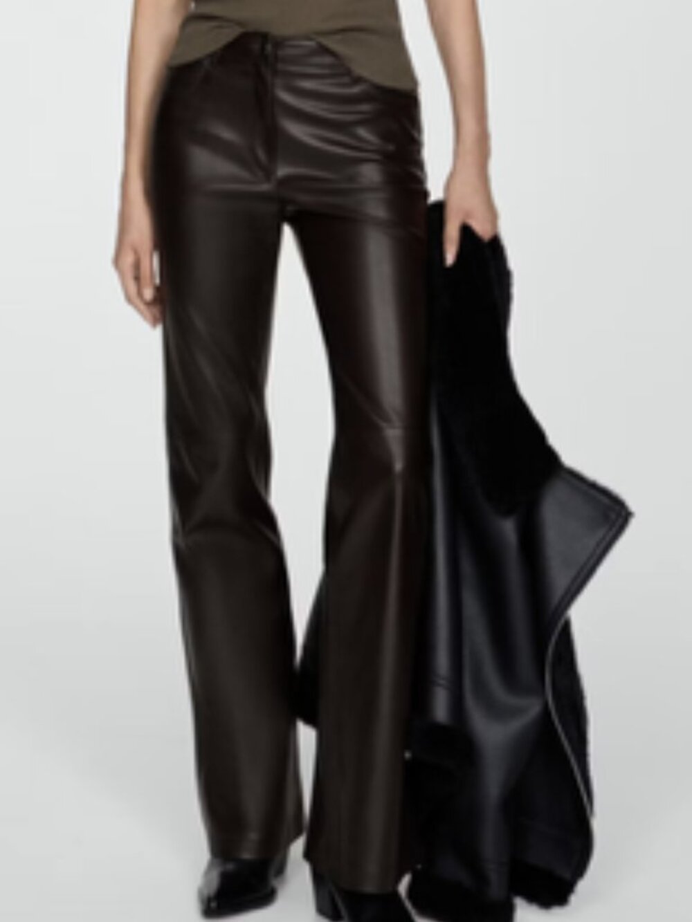 Mango Chocolate Brown Faux Leather Stretch Flare Pant